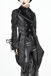 Manteau gothique pour femme avec décalcomanies noires sur le devant, bouton en métal, manchette à lacets, ourlet en queue d'aronde, jacquard à rayures